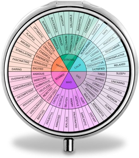 [BRSRAZIKDIJRY3DA] Hjul av følelser og følelser - 3-kompartment bærbar pilleorganisator - rustfritt stål og plast - ideell for små piller og vitaminer - Kompakt og stilig - Perfekt for reise & daglig bruk