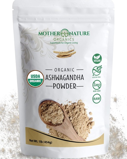 [BRSWYYIOB4MAYG32] USDA Organic Certified Ashwagandha Powder, 100% Pure, Raw, Powerful Adaptogen Herb Supplement - Non-GMO, Vegan, Gluten-Free (1lb Bag)