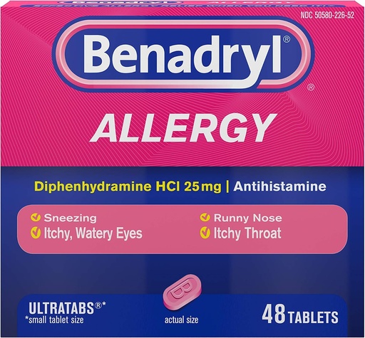 [BRSWIHYHCAHRWHLG] Benadryl Ultratabs Antihistamine Allergy Medicine, Diphenhydramine HCl Tablets, 48 ct