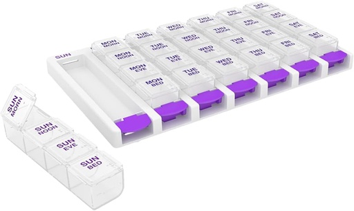 [BRSRMZI7BMNGACLL] EZY DOSE Weekly (7 Day) 4 Times a Day Push Button Pill Organizer and Vitamin Planner, Removable Daily Pillboxes, Purple, Clear Lids, Small