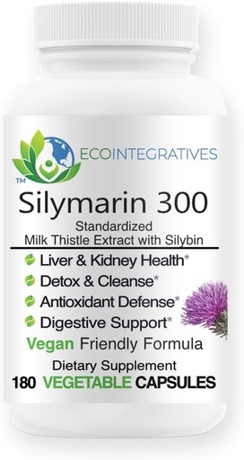 [BRSRA2QOAUCGMHT7] Silymarin 300 – Standardized Milk Thistle Extract with Silybin 300 mg – Liver and Kidney Health, Liver Detox and Cleanse, Antioxidants – Vegan - 180 Vegetable Capsules
