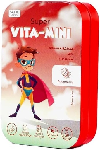 [BRSRAZYBOYHBODLU] Soul Strips Super Vita-Mini - Essential Vitamins A, B, C, D, E, K & Minerals for Kids' Growth & Health, Raspberry Flavor, Zero Sugar, 100% Vegan, 30 Strips Pack '