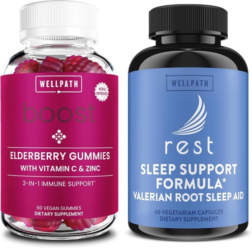 [BRSRAFATOAIG2CT4] WellPath Elderberry Gummies with Zinc + Rest Valerian Root Sleep Aid for Adults with Melatonin & L-Theanine, 60 Ct Each