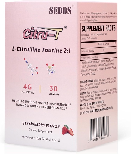 [BRSROZQHCB7QICLD] L-Citrulline Taurine 2:1, Strawberry-Flavored L Citrulline Powder Citrulline Supplements, Vegan Taurine Powder, Caffeine Free, Gluten Free, 30 Pack