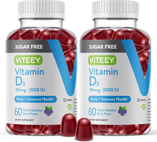 [BRSRMAADCUBWMYD4] Viteey Vitamin D3 Gummies for Adults & Teens - 2,000 IU, 50mcg - Sugar Free, Bone, Joint & Muscle Health, Immune Boost - Vegetarian, Gelatin Free, GMO Free - Tasty Chewable Berry Flavored Gummy