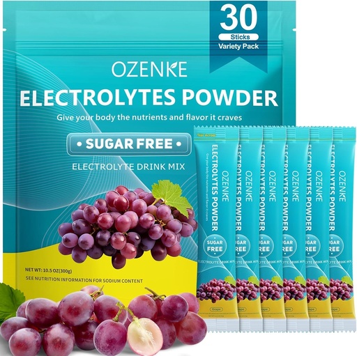 [BRSRAGQTBMJWCETK] Electrolytes Powder Packets, 30 Sticks Hydration Packets Sugar Free, Electrolyte Drink Mix Portable Electrolyte Packets for Rapid Hydration, 0 Sugar & 0 Calorie, Grape Flavor