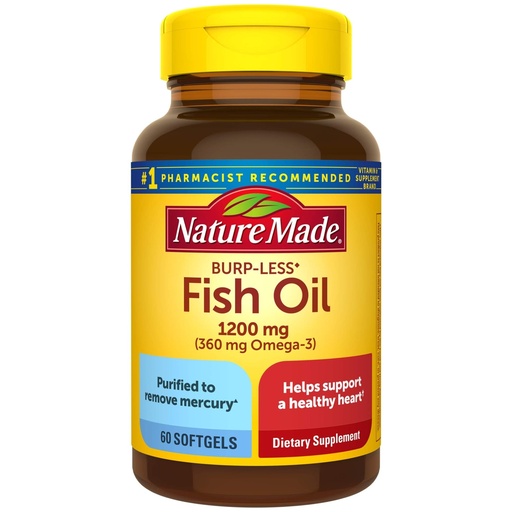 [BRSWK2QMAIMR42D2] Burp-Less Fish Oil 1200 mg, 60 Softgels, Fish Oil Omega 3 Supplement For Heart Health