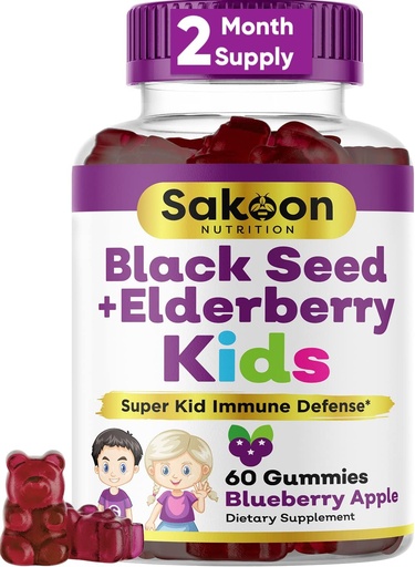 [BRSW2AQ5BECBGCT3] Sakoon 영양 Elderberry & 아이를 위한 까만씨 기름 Gummies, 비타민 C와 아연, Delicious Berry 풍미, 60 Gummies와 더불어 면역 지원,