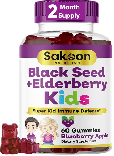 [BRSW2AQ5BECBGCT3] Sakoon nutrition Elderberry & Black Seed Oil Gummies for Kids, Immune Support, with Vitamin C and Zinc, Delicious Berry Flavor, 60 Gummies