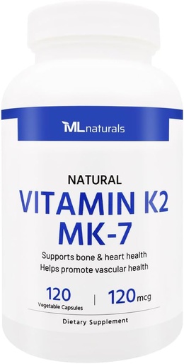 [BRSROZIFDIFWYCT3] ML Naturals Vitamina Natural K2 MK-7 120 mcg 120 Vegetable Capsules. Natural MK-7/99% All-Trans MK-7. Admite Bone & Heart Health, ayuda a promover la salud vascular, NSF-Certified & cGMP-Compliant.