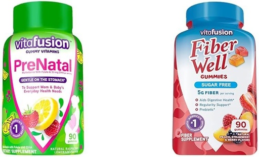 [BRSROCYKPJ5AEADU] Vitafusion PreNatal Gummy Vitamins, Raspberry Lemonade Flavored, Pregnancy Vitamins for Women & Fiber Well Sugar Free Fiber Supplement, Peach, Strawberry and BlackBerry Flavored