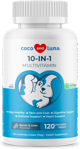 [BRSWG2QTOEIGMHL3] 10 i 1 multivitamin för hundar - 120 tuggbara tabletter med glukosamin och chundroitin - fiskolja och vitaminer med Coq10 för hud och hjärthälsa, gut & immunsupport