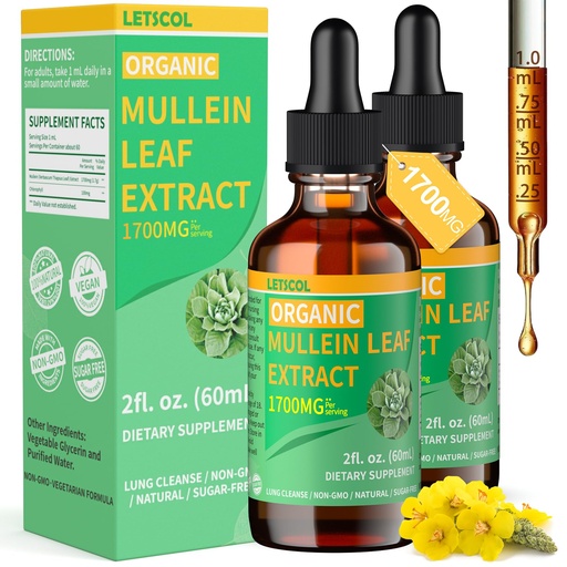 [BRSRAZIBOIPW2CLU] Organic Mullein Drops for Lung Cleanse, Powerful 1700mg Mullein Leaf Extract for Immune & Respiratory Support, Natural Mullein Supplement Tincture Drops Non-GMO & Vegan, 2 Fl Oz