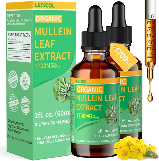 [BRSRAZIBOIPW2CLU] Organic Mullein Drops for Lung Cleanse, Powerful 1700mg Mullein Leaf Extract for Immune & Respiratory Support, Natural Mullein Supplement Tincture Drops Non-GMO & Vegan, 2 Fl Oz