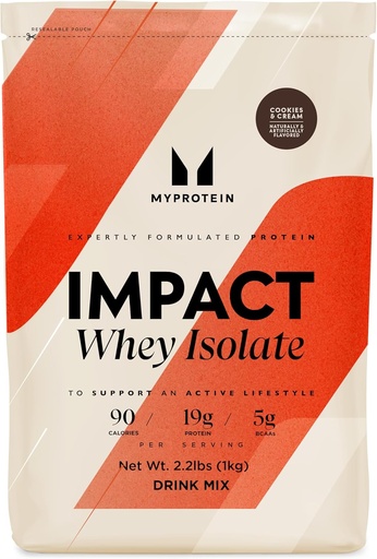 [BRSWEC3RDIPGY2A2] Myprotein Impact Whey протеїн Isolate, 2.2 Lbs (40 Сервінги) Печиво та крем, 19г протеїн, 3,5г клейтамін та 4.5г BCAA Пер сервінг, протеїнний шейк для міцності м'язів та відновлення
