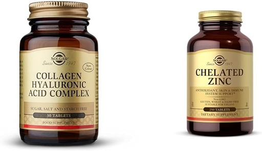 [BRSROBQBB4NAOHQV] SOLGAR Collagen Azido Hialuronikoaren Konplexua, 30 Tablet - Hydrolyzed Collagen Mota 2 - Laguntzak eta zink Chelated, 250 Tablet - Zinc larru osasuntsurako - Zelulen hazkundea eta DNAren eraketa onartzen ditu