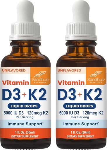 [BRSRAFQNCF4BEFDF] Sandhu's Vitamin D3 K2 Drops for Adults | 5000 IU D3 Liquid, 120mcg K2 Supplement 1 Fl Oz (Pack of 2) | D3K2 Supports Superior Absorption, Energy, Immune, Muscle Health for Men & Women