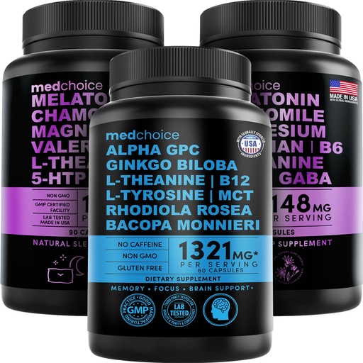[BRSROGAFAAIGGCDA] MEDCHOICE Sleep Melatonin (180ct) and Nootropic Brain (60ct) Supplement Bundle - Wellness Duo for Sleep, Brain, Focus, & Mood Support - Vegan, Non-GMO, Gluten-Free