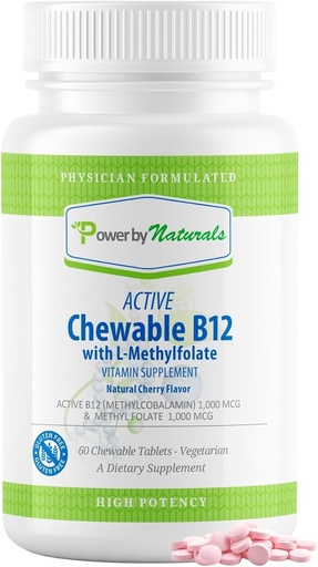 [BRSWGEITOEJRAHI7] Power By Naturals Active Chewable Methylated B12 with L-Methyl Folate Supplement for Women & Men, Cherry Flavor, 60 Tablets