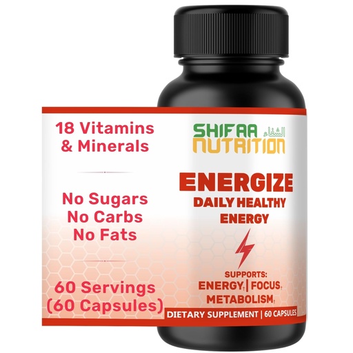 [BRSWYZABAUFBAD32] SHIFAA NUTRITION Energize, Natural Daily Energy Vitamins | Jitter-Free, 60 Servings | Supports Focus, Mood, Brain, Metabolism | w/Caffeine & Taurine, B1, B2, B5, B6, B7, B9, B12 Halal Vitamins