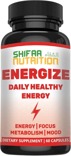 [BRSWYZABAUFBAD32] SHIFAA NUTRITION Energize, Natural Daily Energy Vitamins ← Jitter-Free, 60 Servings TEN Supports Focus, Mood, Brain, Metabolism TEN w/Caffeine & Taurine, B1, B2, B5, B6, B7, B9, B12 Halal Vitaminas