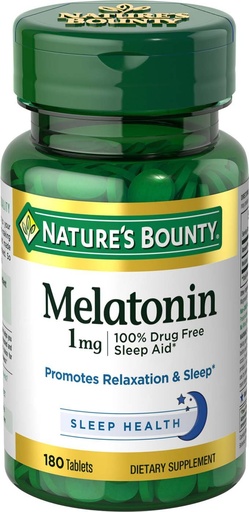 [BRSWIY32BUFWEA34] Nature's Bounty Melatonin, 100% Drug Free Sleep Aid, Promotes Relaxation and Sleep Health, 1mg, 180 Tablets