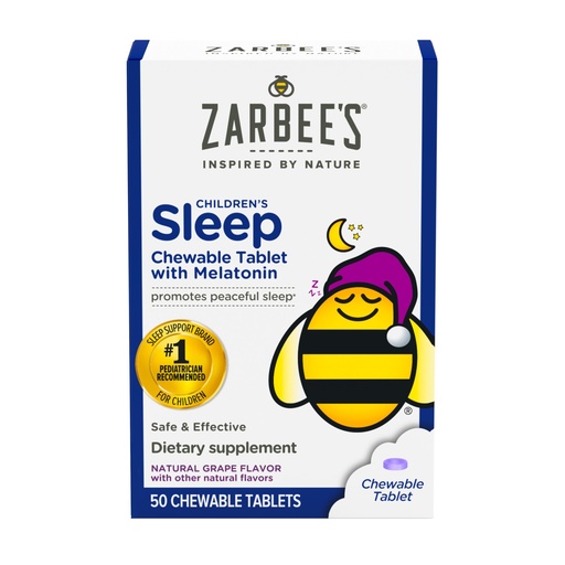 [BRSWECQ5AQCQGF3O] Zarbee's Kids Melatonin Chewable Tablet, 1mg Melatonin, Drug-Free & Effective Sleep Supplement, Natural Grape Flavor, No Artificial Sweeteners or Dyes, Gluten Free, Ages 3+, 50 ct