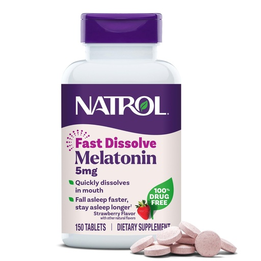 [BRSWKF3YO4IWYE3M] Natrol Melatonin 5mg Fast Dissolve Tablets, Sleep Support Supplements for Adults, Strawberry Flavor, 150 Tablets, Up to 150 Day Supply