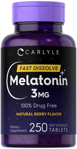[BRSW2ZI3CUFBOE3D] Carlyle Melatonin 3mg Fast Dissolve Tablets | 250 Count | Low Dose and Drug Free | Vegan, Non-GMO, Gluten Free