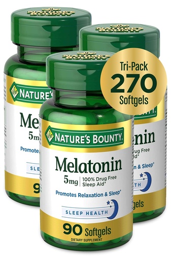 [BRSWIYYOAAOGYGQ3] Nature's Bounty Melatonin 100% Drug Free Sleep Aid, Dietary Supplement, Promotes Relaxation and Sleep Health, 5 mg, 90 Count, Pack of 3
