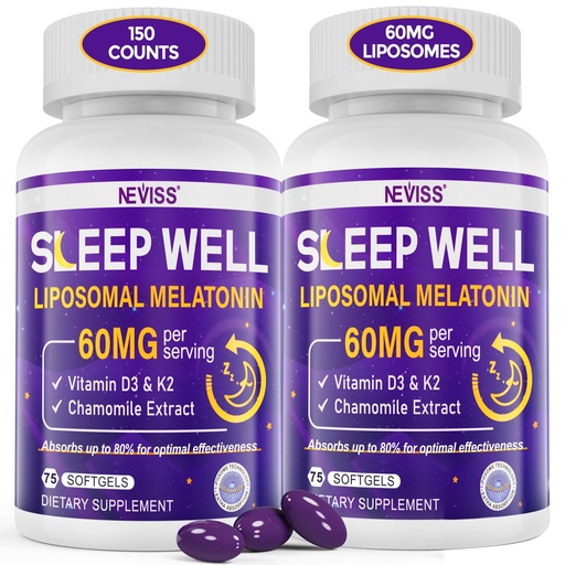[BRSROC35O4GWMELV] Melatonin 60mg for Adults High Dose, Supports Deep Rest & Brain Cognition, Extra Strength Liposomal Melatonin with Vitamin D3 K2, Chamomile, for Sound Zzz Cycle, Immune & Antioxidant, 150 Softgels