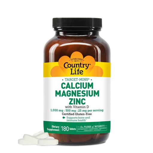 [BRSWIY3YPN4BUDA3] Country Life Calcium Magnesium Zinc with Vitamin D3 and L-Glutamic Acid, Dietary Supplement for Bone Support, Certified Gluten Free, 1000mg/500mg/25mg, 180 Tablets