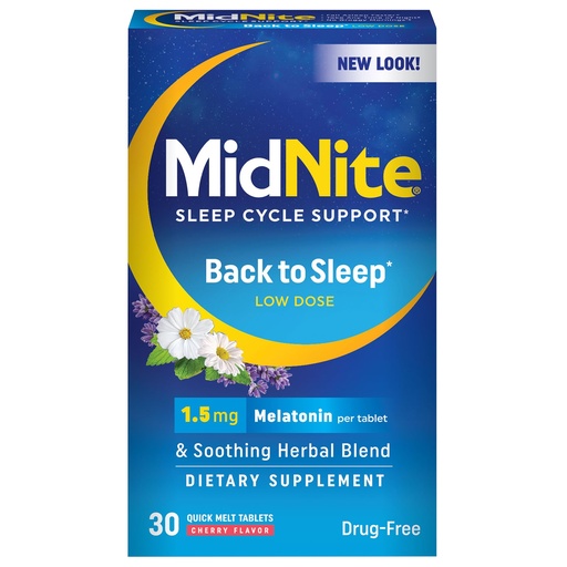 [BRSWIG3QBMHBSDY7] MidNite Back to Sleep Low Dose, 1.5 mg Melatonin Sleep Aid, Non-Habit Forming, Herbal Dietary Supplement for Adults, Drug-Free, Gluten-Free & Lactose-Free, Vegetarian, Vegan, 30 Quick Melt Tablets