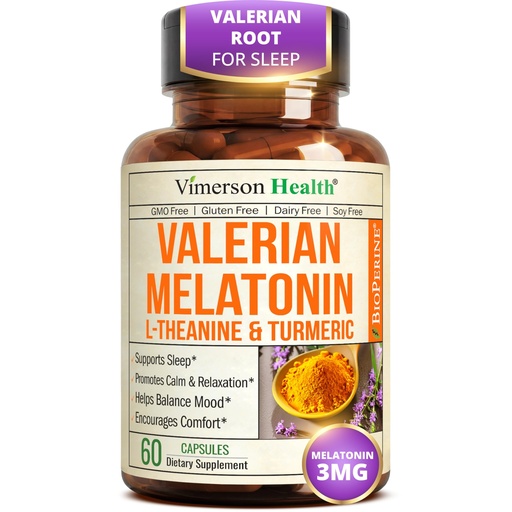 [BRSWGAD5OQGRMG34] Valerian Root for Sleep – Melatonin 3mg Sleep Aid with L-Theanine – Organic Turmeric Curcumin Supplement with Ginger & Black Pepper for Daily Calm and Stress Relief Support – 60 Capsules