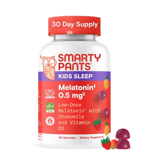 [BRSREFAHDMOWOF3A] SmartyPants Kids Sleep Gummies Supplement with Melatonin 0.5mg: Chamomile & Vitamin D3, Sleep Aid, Strawberry Mango Flavor, 60 Count