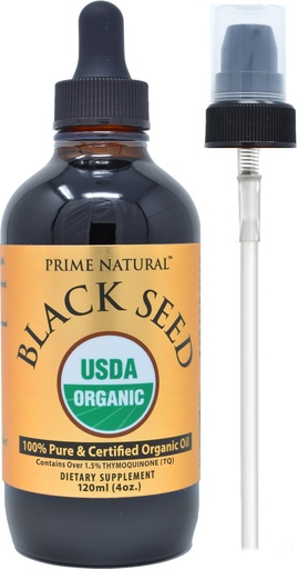 [BRSWGZATDMBQ433K] Prime Natural Organic Black Seed Oil 4oz - Cold Pressed Unrefined High Thymoquinone 1.7% USDA Certified - Turkish Origin Potent Nigella Sativa Liquid - Vegan Omega 3 6 9, Antioxidant
