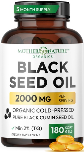 [BRSWGAIEAEARGYDU] Black Seed Oil Capsules 2000mg Per Serving, Organic Cold Pressed Black Cumin, High TQ, Immune & Joint Support, 180 Count (3 Month Supply)