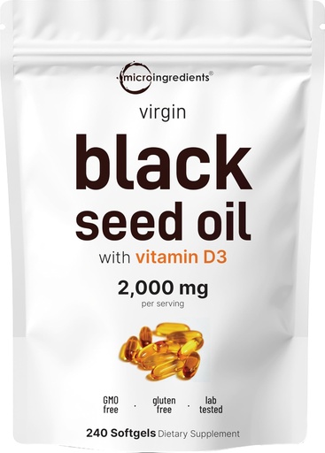 [BRSRGZL2CEBA43D7] Micro Ingredients Black Seed Oil with Vitamin D3 1000 IU, 240 Softgels | 2,000 mg Black Seed Oil Per Serving | Nigella Sativa Oil | 2-in-1 Unrefined Seed Oil Formula | Non-GMO, cGMP Manufactured