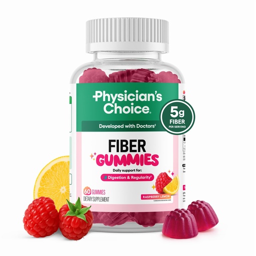 [BRSRECYTPIMAKYDX] Physician’s Choice Fiber Gummies for Digestive Health & Regularity - Raspberry Lemon Flavor - No Sugar Added & Vegan - Natural Chicory Root Prebiotic Fiber - Daily Gummy for Adults, Women & Men - 60CT