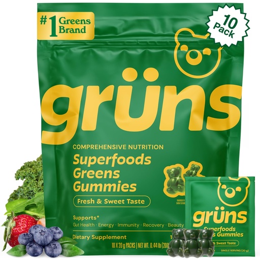 [BRSREEIZA5YRE3TH] Gruns Adults Super Greens Gummies, Multivitamin Superfood Gummy Bears, Spirulina, Chlorella, Prebiotics & Fiber Gummies for Digestive Health, Adaptogens Supplement, 20 Vitamins & Minerals, 10 Count
