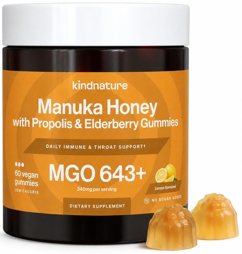 [BRSREZD2A57QID3F] kindnature Manuka Honey Medical Grade Gummies MGO 643+ - New Zealand Manuka Honey with Zinc, Vitamin C, Elderberry - Throat Comfort & Immune Support - Kids & Adults