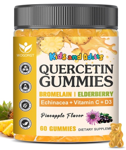 [BRSREAQYBZ6WKCL4] Quercetin with Bromelain Gummies for Kids & Adults - Immune & Seasonal Wellness Support, 800mg Quercetin Gummies with Bromelain, Zinc, Elderberry, Vitamin C & D3 - Sugar Free, Pineapple Flavor, 60 Ct