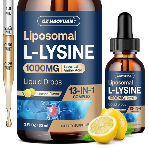 [BRSRGYARDEHAGDIU] Liposomal L-lysine 1000MG Liquid Drops, 13-in-1 Lysine Supplements – Monolaurin, Olive Leaf Extract with Vitamin C, B6, D3, B12 & Zinc for Collagen, Lip, skin & Immune Support for Kids & Adults, 2oz