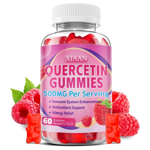 [BRSREBA2B4FQEE3F] Quercetin Gummies 500mg for Kids & Adults, Organic Quercetin Supplements with Bromelain Zinc Vitamin C and D3 Support Antioxidant & Immune System Health, Raspberry Flavor 60 Count