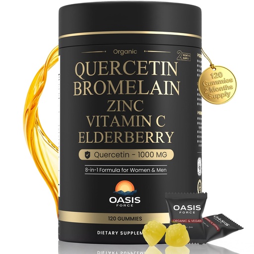 [BRSRGGD7CJYAE2DD] 8-in-1 Quercetin with Bromelain Gummies 1000mg, High Potency Organic Quercetin Supplement with Zinc & Vitamin C, Elderberry, Seasonal Wellness & Immune Support, Vegan, Sugar Free, 120 Gummies