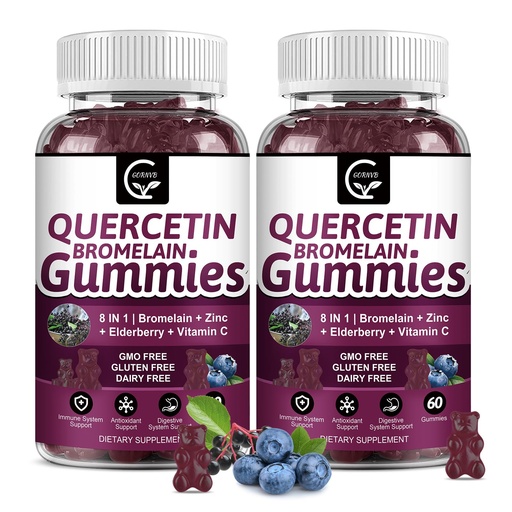 [BRSRAAT3CIHGO2DK] (2 Pack) Quercetin Gummies - Quercetin with Bromelain 2378mg - Blend with Elderberry, Echinacea Purpurea Extract, Zinc, Vitamin C,D3,K2, Complex Supports Immune, Cardiovascular & Respiratory Function
