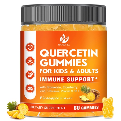 [BRSRECT3CIJR4HTH] Sugar Free Quercetin with Bromelain Gummies for Kids & Adult - Immune, Antioxidant, Seasonal Support, 1000mg Quercetin Supplements with Bromelain, Zinc, Elderberry, Vitamin C D3 E, Vegan, 60 Count