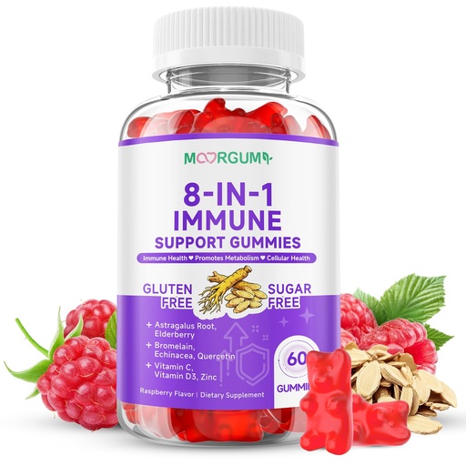 [BRSRECYNBYHBMCYZ] Immune Support Gummies – 8-in-1 Formula Herbal Supplements with Astragalus, Elderberry, Quercetin, Bromelain, Echinacea, Vitamin C, D3 and Zinc for Everyday Balance, Raspberry Flavor, 60 Count