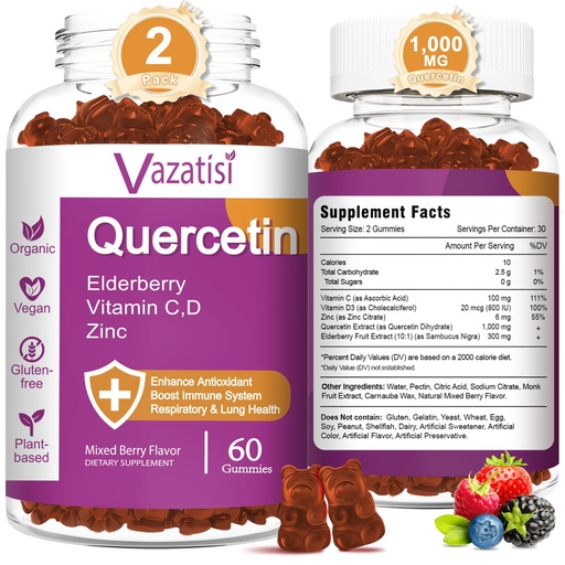 [BRSW2AYRAABWGDLG] 2 Pack Quercetin Gummies, Quercetin with Vitamin C Zinc, Elderberry and Vitamin D, Immune Support Adults Kids, Women Men, 120 Gummies