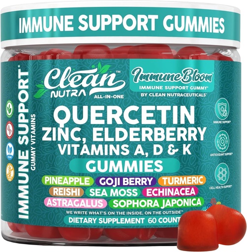 [BRSREED3CJYAIETF] Clean Quercetin Elderberry Immune Support Gummies | Zinc Vitamin K2 D3 A Bromelain Goji Berry Turmeric Sea Moss Echinacea Astragalus Selenium Olive Leaf Immunity Supplement Gummy Vitamins